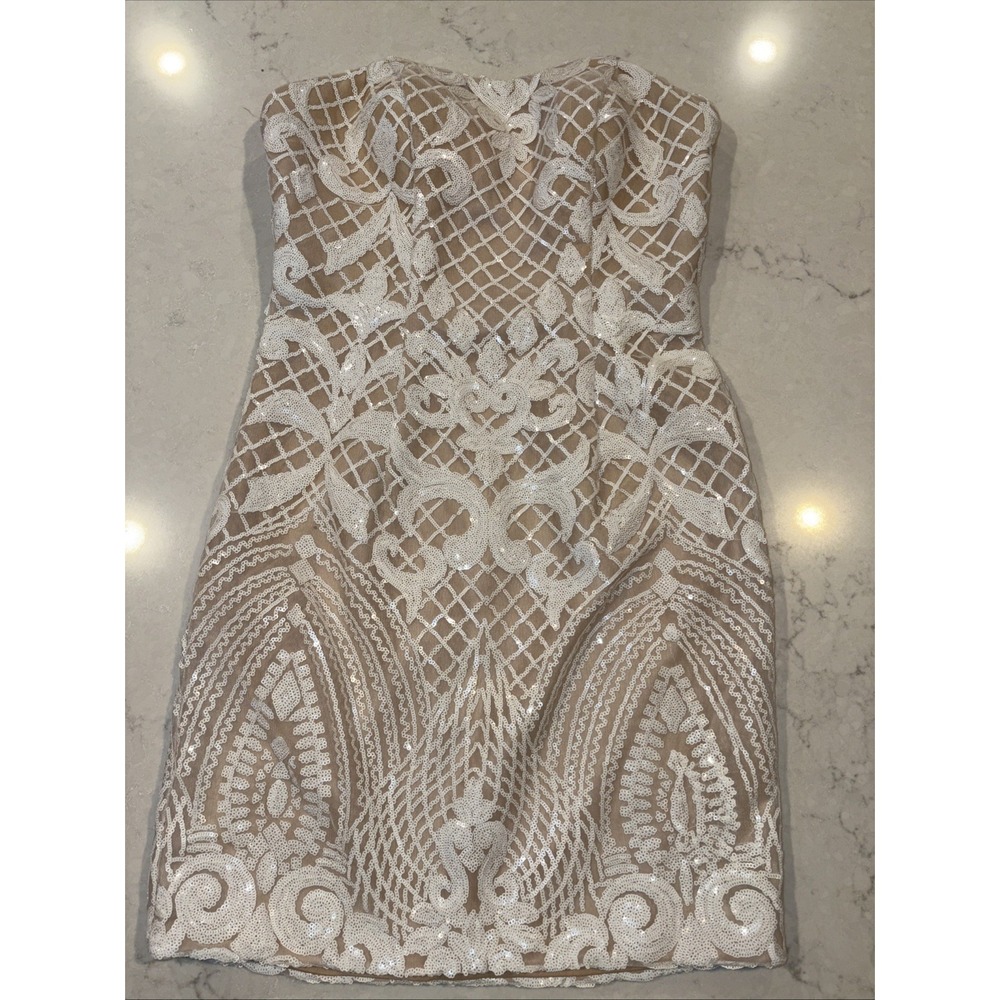 Strapless White & Nude Lace Prom Dress